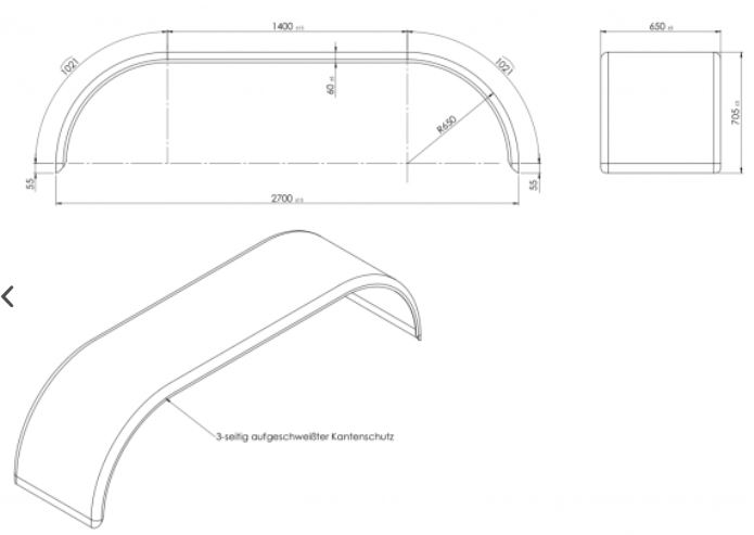 Kotflügel AluRiffel 2,5/4,0 Doppelachs mit Kantenschutz Breite 650mm D6536 ALQ